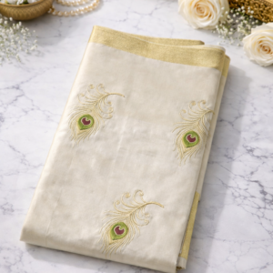 Traditional Off-White Kasavu Thread Work Saree with Gold Zari Border