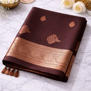 Chocolate Brown Copper Veil Silk Saree with Rich Zari Border